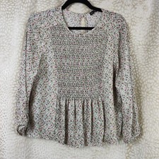 Zara Womens Smocked Front Blouse Floral Print Size Large Keyhole Back Prairie 