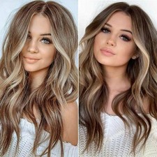 Womens Brown Gradient Real Natural Wavy Hair Blonde Long Curly Wigs Cosplay UK