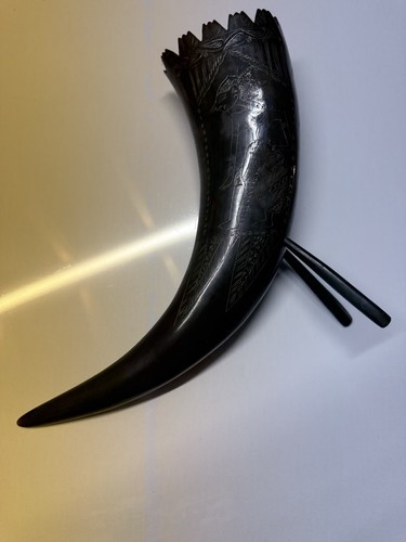 Pair carved buffalo horn - pair,