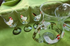 Hand Painted Ice Tea Water Set with 3 Goblets & Serving, Punch Bowl Roosters EUC