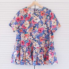 Zara Top Size Medium Floral Print Dolly Frill Hem Cotton Short Sleeve Relaxed