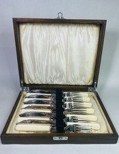 Vintage Silver Plated Celluloid Handle Fish Flatware + Forks Wooden Box Serves 6