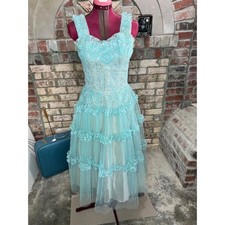 formal dress prom 1950s floral princess tulle aqua blue 