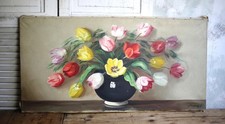 Large French Antique Oil Painting on Canvas Tulips Flowers Floral Still Life