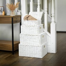 Large Wicker Storage Basket 4pc Set White Laundry Hamper Stackable Lid Lock Home