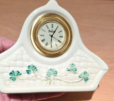 BELLEEK Porcelain  Mantel Clock Cream Shamrock Working 9.5 x 12.5 cm