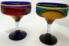 2-VTG Margarita Glasses Cobalt Blue Mexican Hand Painted & Blown. Flower & Fruit