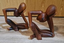 Two Abstract Sculptures of  Thinking Men Statues Hand Carved Wooden Figures 