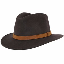 Gents Crushable Brown 100% Wool Felt Fedora Trilby Hat With Leather Type Band