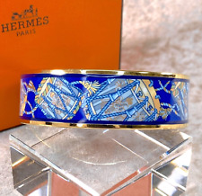 Vintage Hermes Paris Bangle Bracelet Blue Enamel Drums Gold Rim 70 with Box