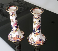 Vintage pair Mason's candlesticks blue mandalay 6 1/2" high 