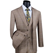 VINCI Men's Tan Glen Plaid 3pc