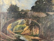 Antique Oil On Canvas French School Signed Roman Bridge Landscape