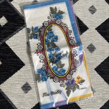 VTG Set Of 3 Cotton Ladies Handkerchiefs Floral Blue Purple Yellow