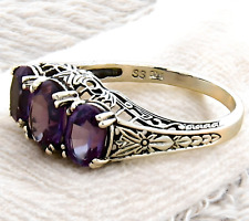 VINTAGE STYLE 925 STERLING SILVER THREE-STONE SIMULATED ALEXANDRITE RING   422X