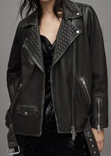 All Saints Women’s Black Studded Biker Rocher Leather Jacket UK 10 M