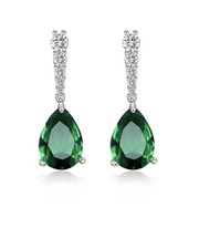 White gold finish Green Emerald And Created diamond Pear cut Droplet earrings