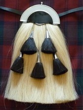 Scottish Piper White Horse Hair Leather Kilt Sporran 5 Black Tassels Chain Belt
