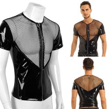 UK Men Shiny PVC Leather Fishnet Splice T-Shirt Short Sleeve Zipper Front Tops