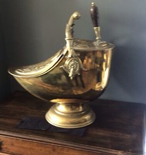 Victorian English  Brass Helmet Shaped Coal Bucket with Antique Floral Embossing