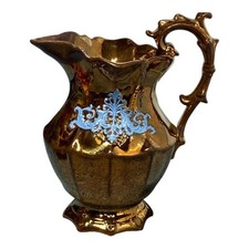 19 Century Copper Luster Glaze Earthenware Pitcher Wedgewood Blue Gothic Scroll