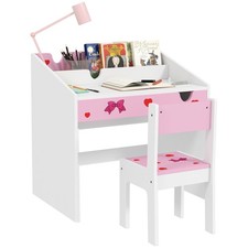 AIYAPLAY Children Study Table and Chair w/ Storage, Pull-Out Drawer, Pink