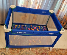 VTG Graco Pack N Play Sport Playpen W/Bag 1990s Blue Zoo Animals