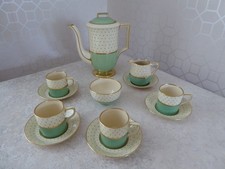  ART DECO VINTAGE COFFEE SET, GRAYS POTTERY "SUNBUFF", GREEN DOT PATTERN