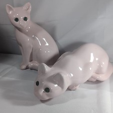 Alcobaca Portugal 2 Pair Vintage Ceramic Cat Figures Pink Sitting Kitty Cats Set
