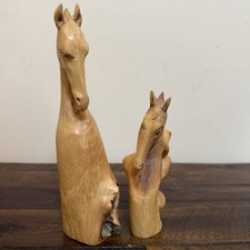 Pair VTG Wooden Wood Horse Head Sculptures Hand Carved Statue Animal Signed 05