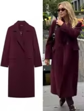 Women Burgundy Woolen Coat Double Breasted Long Sleeve Lapel Jacket