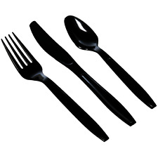 Black Plastic Cutlery Spoons, Forks & Knives Heavy Duty Catering Party Reusable
