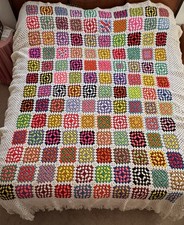 Vintage Handmade Granny Square Afghan Knitted Blanket Fringe White 80 X 90 King