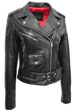 Womens Authentic Soft Leather Biker Jacket Slim Fit Waist Belt Brando Black Red 