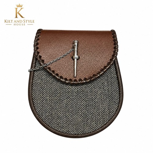 Brown leather and herringbone - brown,