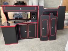Assembled SWB Campervan Furniture - Black Matt, Red Trim. VW Transporter T5/T6