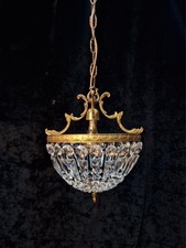 Lovely Vintage French 1 Light Brass Crystal Half Bag Montgolfiere Chandelier