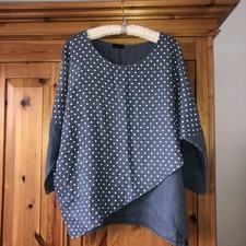 Luca Vanucci  Linen Top Grey With White Polkadot , Large, 3/4 Sleeve, Lagenlook