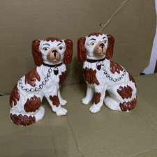A Pair Of Staffordshire Pottery Ceramic Spaniels Wally Mantle Dogs ID Sword Mark