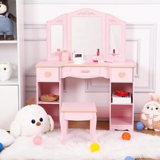 Kids Dressing Table Wooden, Girls Vanity Set w/ Mirror and Stool, Pink