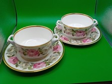 ROYAL WORCESTER ROYAL GARDEN 2 SOUP BOWLS & SAUCERS NEW ENGLISH BONE CHINA NEW