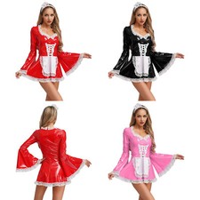 Women Miniskirt Halloween Maid Dress Cosplay Skirt Lace Trim Costume Wet Look