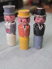 3 Wooden Skittles In Form Of Men With Hats Handpainted Vintage/Antique 