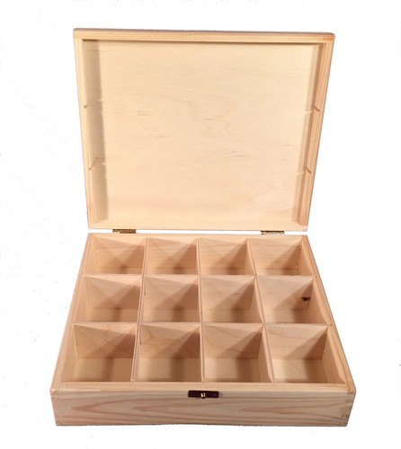 Large wooden tea box with - tea, 12