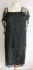 Vintage 1920s black lace dress flapper dress cape back silk lining size 8/10UK