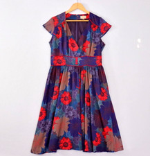 Lindy Bop Fit & Flare Midi Dress Size 16 Teal Purple Floral Satin Rockabilly