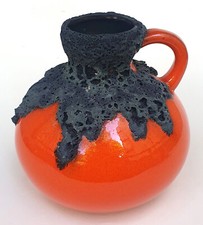 Roth Pottery Boar Rooster Fat Lava Vase Red Orange/Charcoal H 14.5cm D Orig. 60s