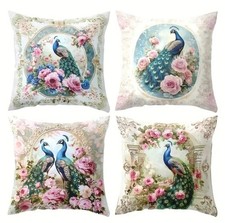 Beautiful Set of 4 Peacock Cushion Covers Throw Pillows Feathers Floral 45cm UK