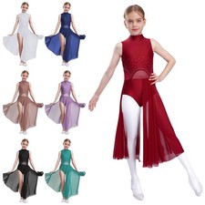 Kids Girls Dancewear Shiny Rhinestones Dresses Ballerina Leotard Latin Costume