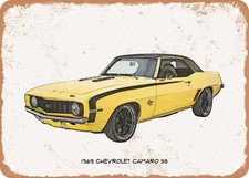 Classic Car Art - 1969 Chevy Camaro SS Pencil Sketch - Rusty Look Metal Sign 3